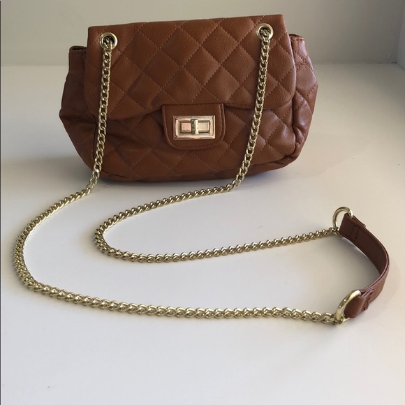 Cognac brown quilted bag, gold chain strap - Picture 2 of 4